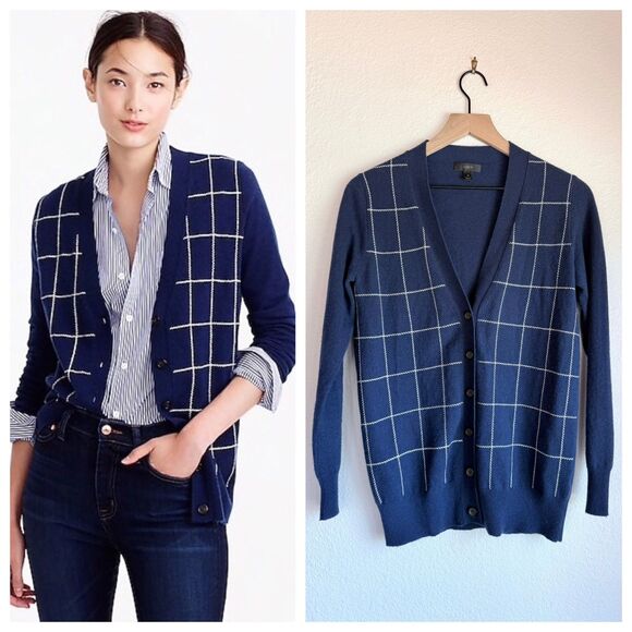 J. Crew Sweaters - J.Crew Wool Cashmere Windowpane Plaid Cardigan Sweater Navy Blue XS EUC